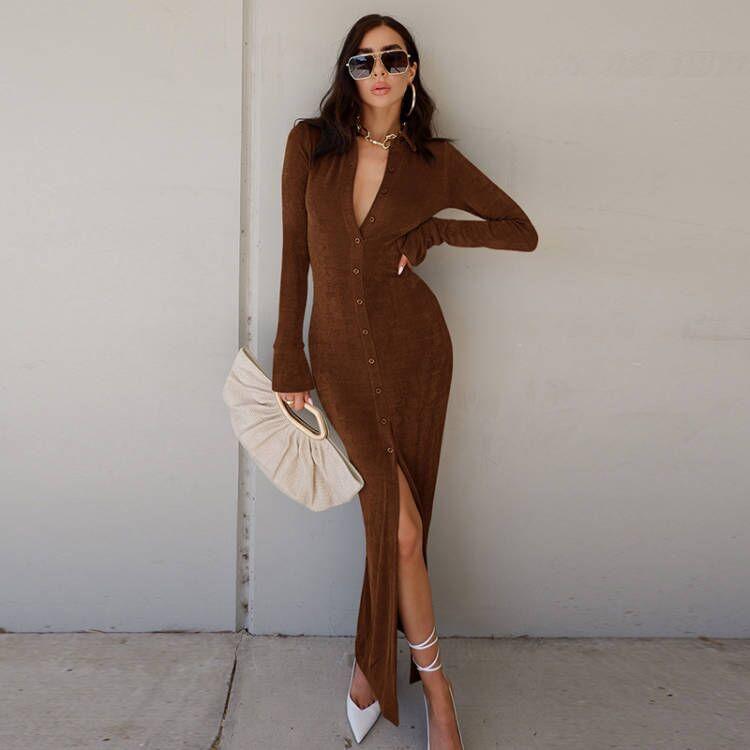 Sexy High Waist Knitting Long Sleeves Split Long Dresses-Dresses-Brown-S-Free Shipping Leatheretro