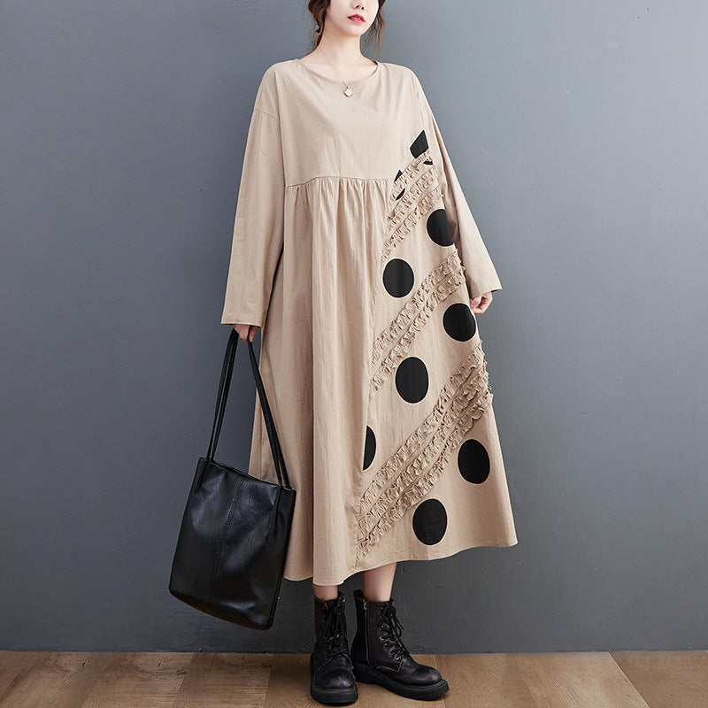 Vintage Dot Print Plus Sizes Long Dresses-Dresses-Khaki-One Size-Free Shipping Leatheretro