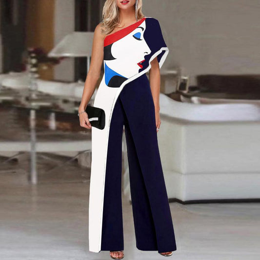 Women Abstract Face One Shoulder Jumpsuits-Jumpsuits-Dark Blue-S-Free Shipping Leatheretro