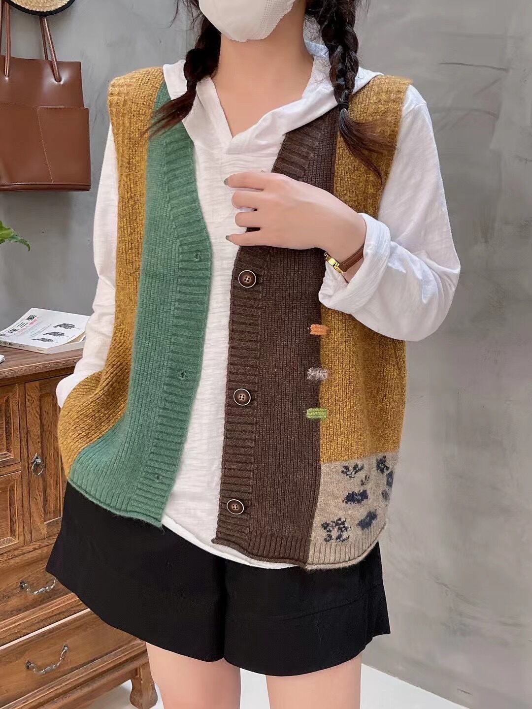 Designed Vintage V Neck Wool Knitted Vest Tops-Coats & Jackets-Yellow-One Size-Free Shipping Leatheretro