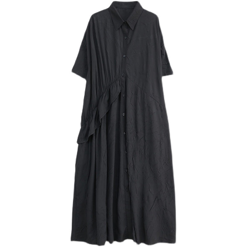 Summer Ruffled Plus Sizes Midi Shirts Dresses-Dresses-Black-One Size-Free Shipping Leatheretro