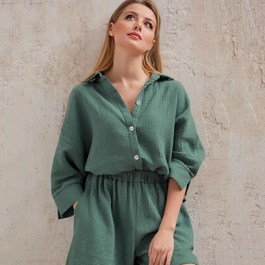 Women Cotton Two Pieces Shirts and Crop Shorts Sets-Suits-Light Green-S-Free Shipping Leatheretro
