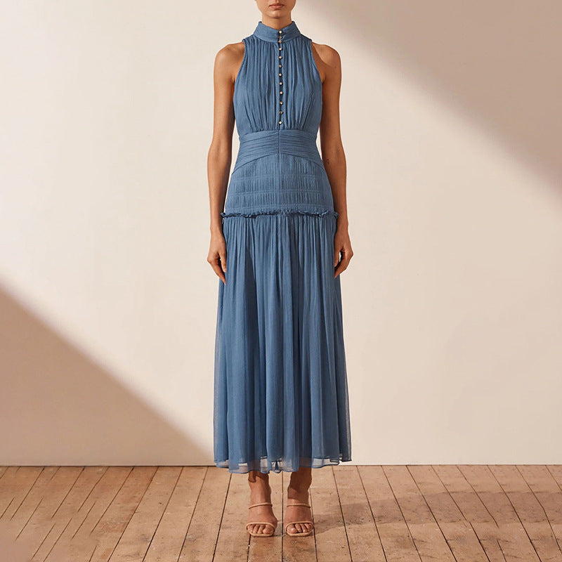 Chiffon High Neck Sleeveless Long Dresses-Dresses-Blue-S-Free Shipping Leatheretro