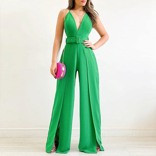 Women High Waist Wide Legs Jumpsuits with Belt-Jumpsuits & Rompers-Green-S-Free Shipping Leatheretro