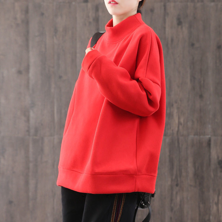 Women High Neck Velvet Pullover Tops-Shirts & Tops-Red-M Under 55kg-Free Shipping Leatheretro
