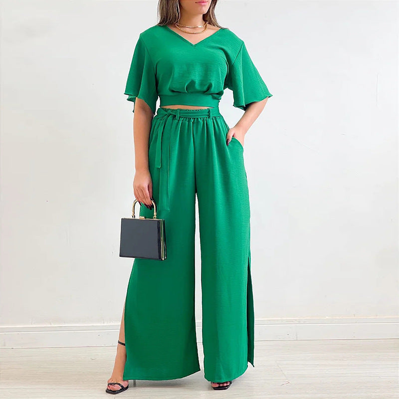 Casual Summer Wide Legs Women Suits-Suits-Dark Green-S-Free Shipping Leatheretro