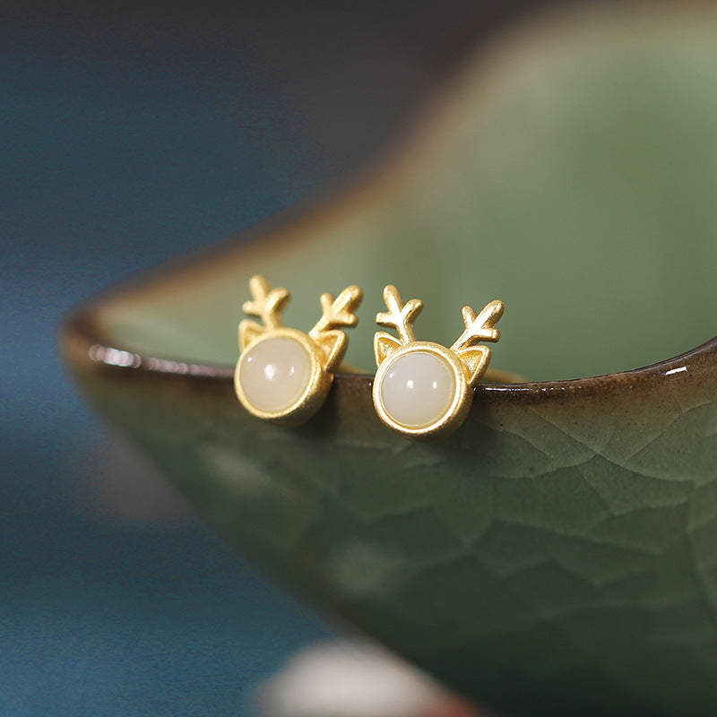 Lovery Deer Design Golden Plated Earring Stud-Earrings-White-Free Shipping Leatheretro