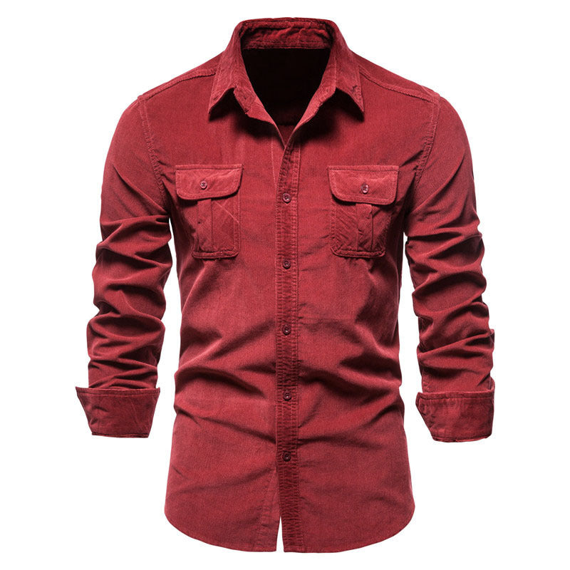 Men Long Sleeves Corduroy Business Shirts-Shirts & Tops-Red-M-Free Shipping Leatheretro