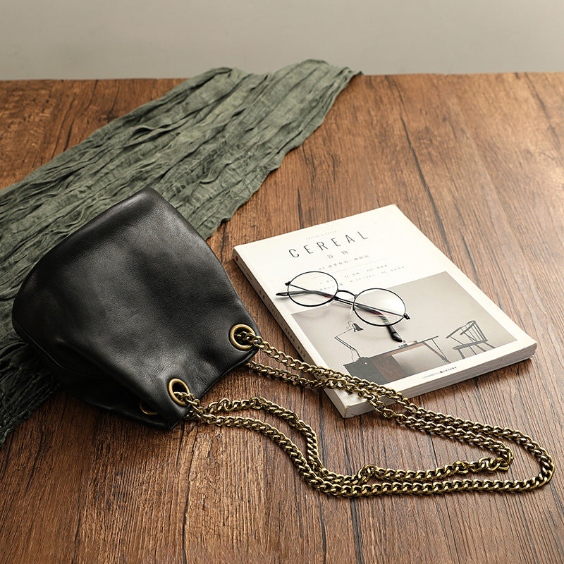 Vintage Vege Tanned Leather Bucket Bag with Chains 21032-Black-Free Shipping Leatheretro