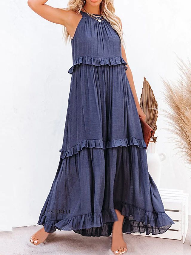 Casual Ruffled Summer Holiday Long Maxi Dresses-Dresses-Dark Blue-S-Free Shipping Leatheretro