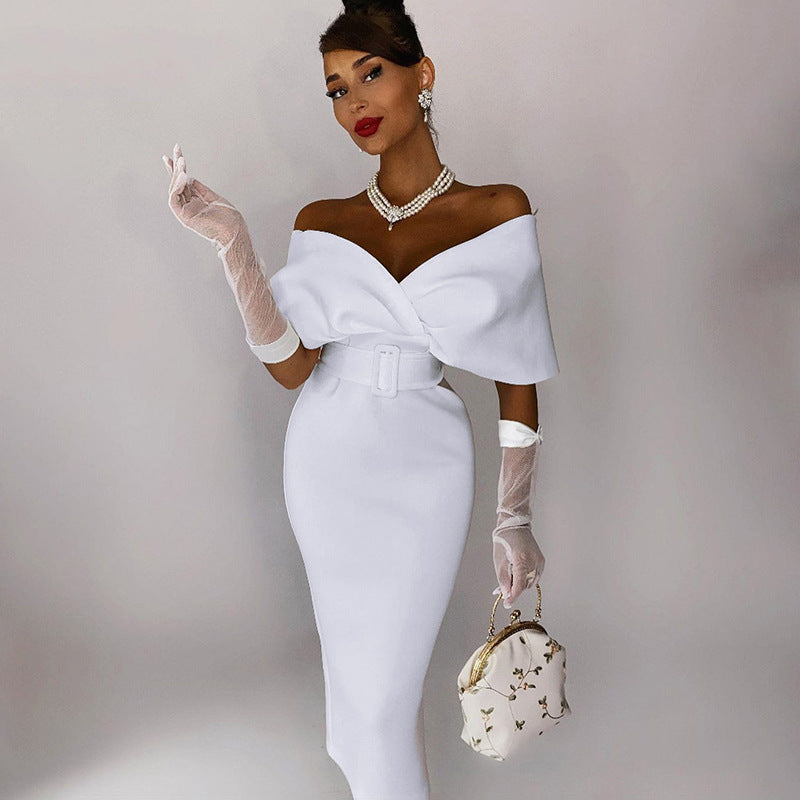 Sexy V Neck High Waist Dresses with Belt-Dresses-White-S-Free Shipping Leatheretro