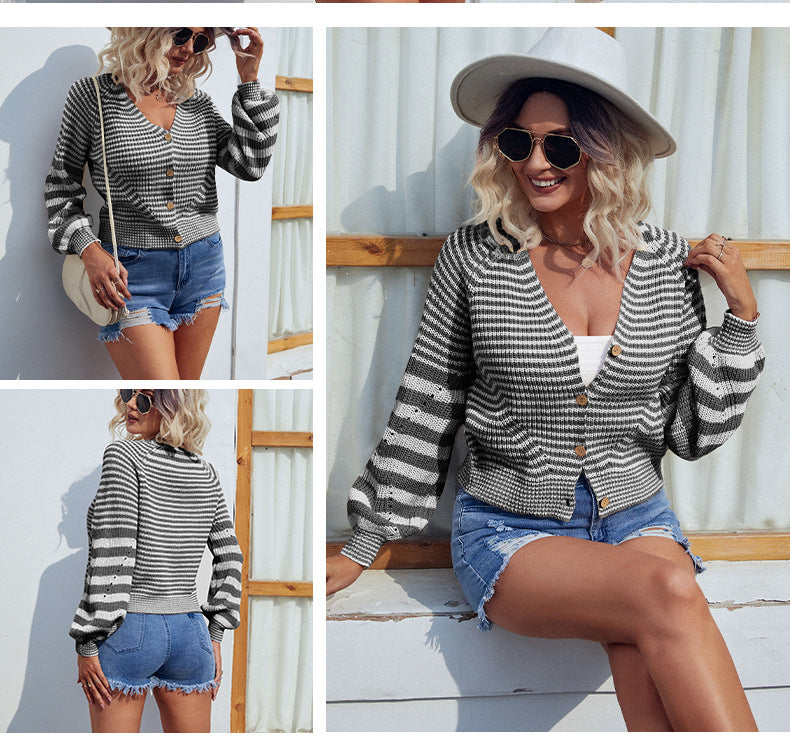 Casual Fall Knitted Striped Cardigan Coats for Women-Shirts & Tops-Purple-S-Free Shipping Leatheretro