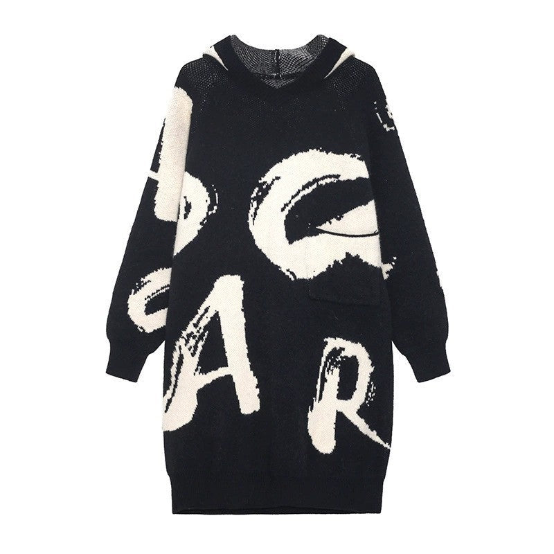 Cozy Letter Print Long Knitting Dresses-Sweater&Hoodies-Black-One Size-Free Shipping Leatheretro