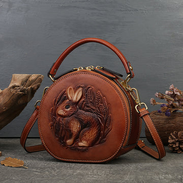 Vintage Embossing Rabbit Round Shape Shoulder Handbags 6223-Handbags-Green-Free Shipping Leatheretro