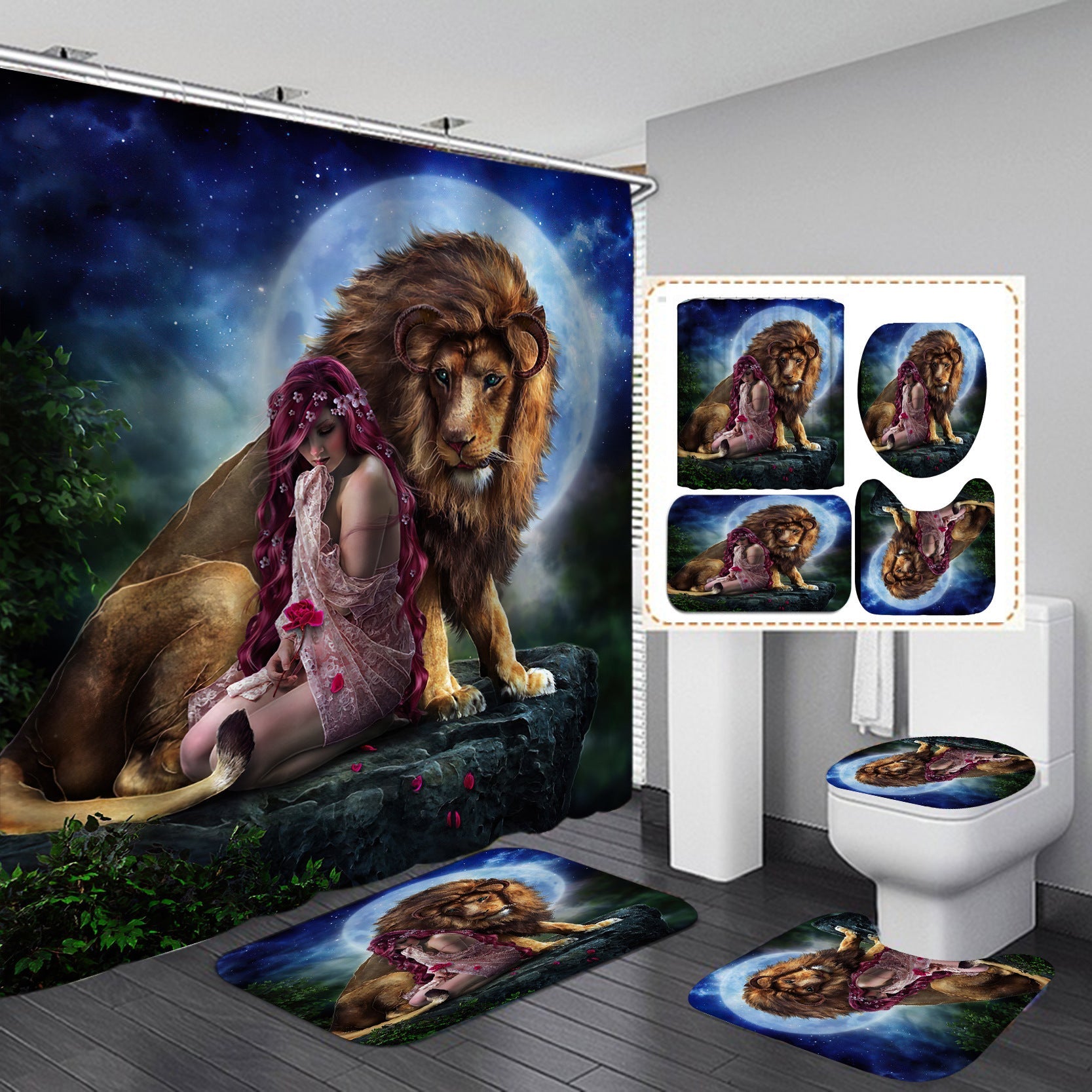 3D Lion Design Shower Curtain Bathroom SetsNon-Slip Toilet Lid Cover-Shower Curtain-180×180cm Shower Curtain Only-1-Free Shipping Leatheretro