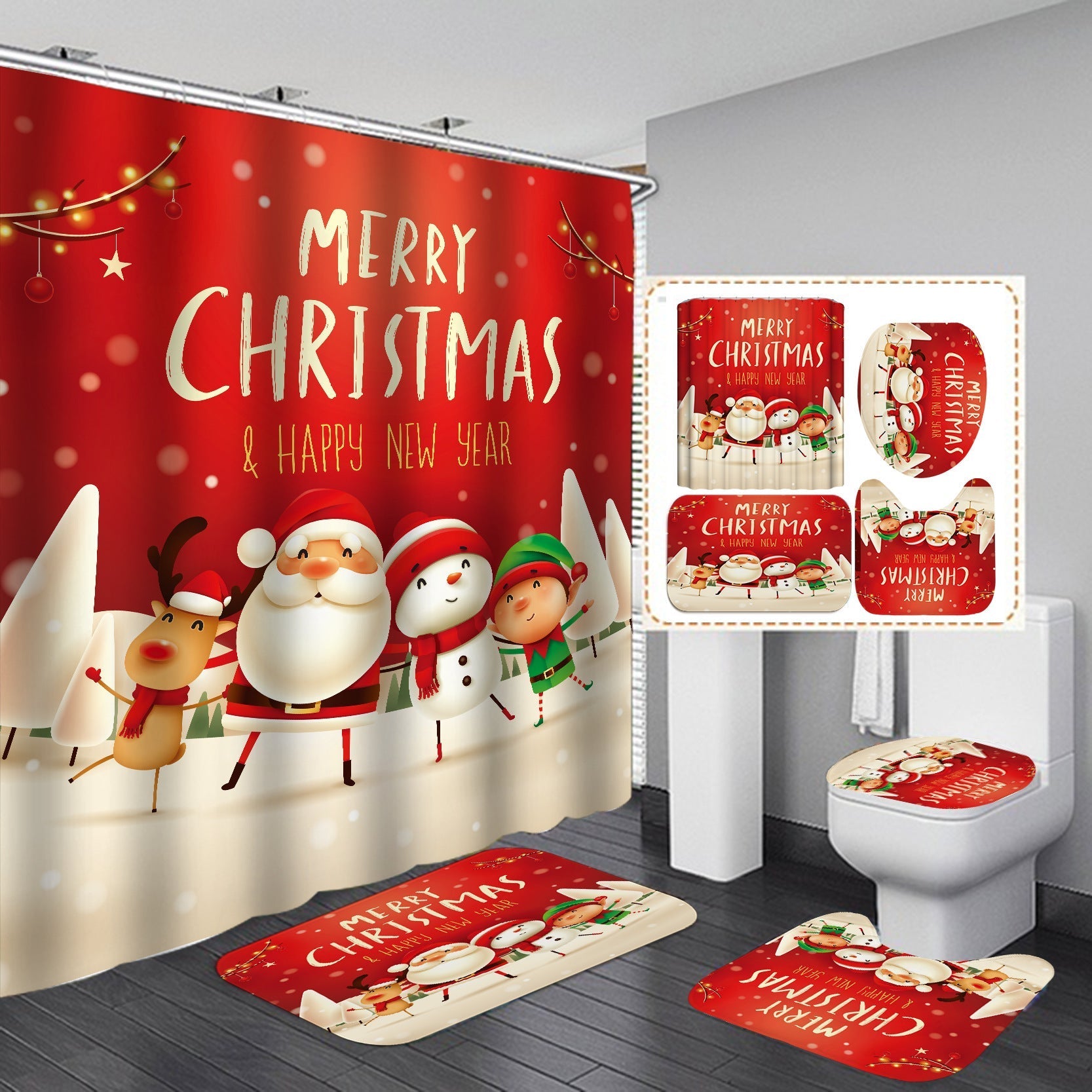 Happy Merry Christmas Shower Curtain Bathroom Sets Non-Slip Toilet Lid Cover-Shower Curtain-180×180cm Shower Curtain Only-1-Free Shipping Leatheretro