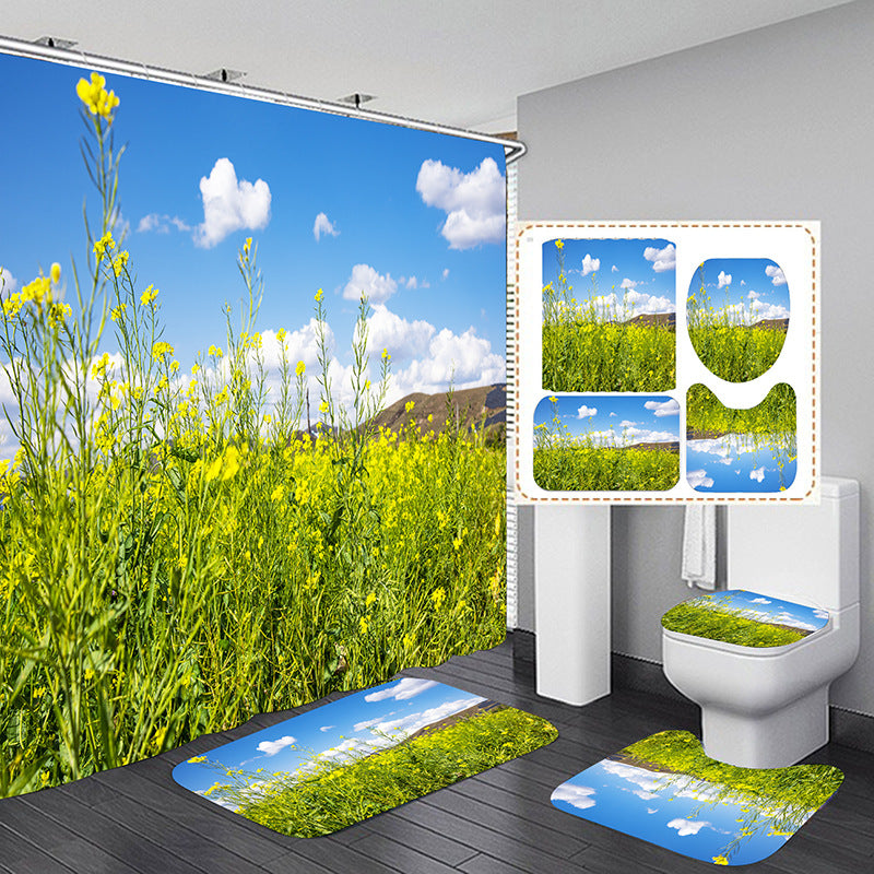 3D Green Landscape Shower Curtain Set Bathroom Rug Bath Mat Non-Slip Toilet Lid Cover-Shower Curtains-B-Shower Curtain+3Pcs Mat-Free Shipping Leatheretro