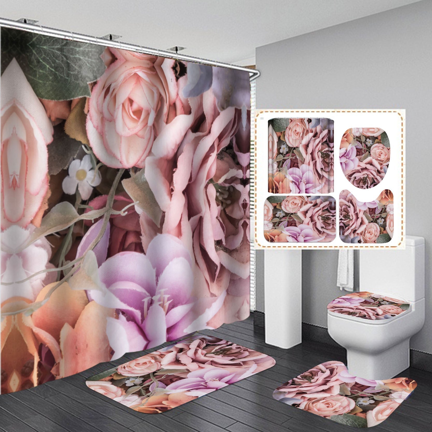 3D Flowers Print Shower Curtain Set Bath with Rugs-180×180cm Shower Curtain Only-B-Free Shipping Leatheretro