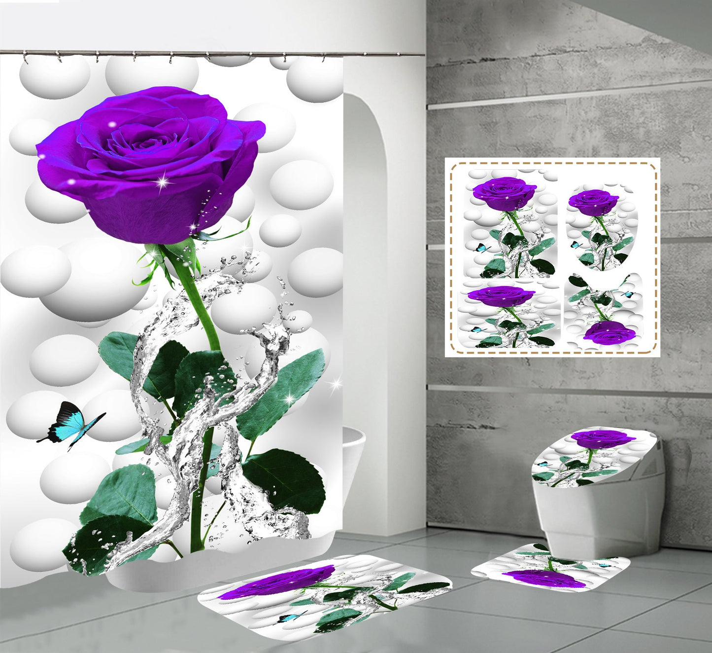 One 3D Flower Shower Curtain Set Bathroom Rug Bath Mat Non-Slip Toilet Lid Cover-Shower Curtains-B-Shower Curtain+3Pcs Mat-Free Shipping Leatheretro