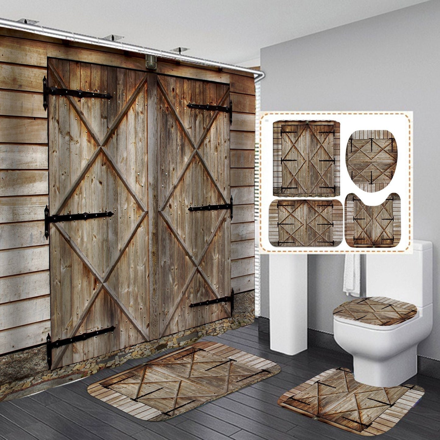 Vintage Wooden Door Design Shower Curtain Bathroom SetsNon-Slip Toilet Lid Cover-Shower Curtain-180×180cm Shower Curtain Only-2-Free Shipping Leatheretro