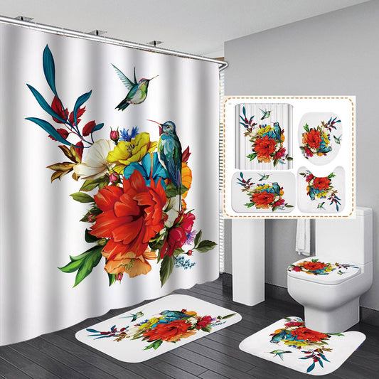 Birds and Flower Print Shower Curtain Sets with Rug-Shower Curtain+3Pcs Mat-Free Shipping Leatheretro
