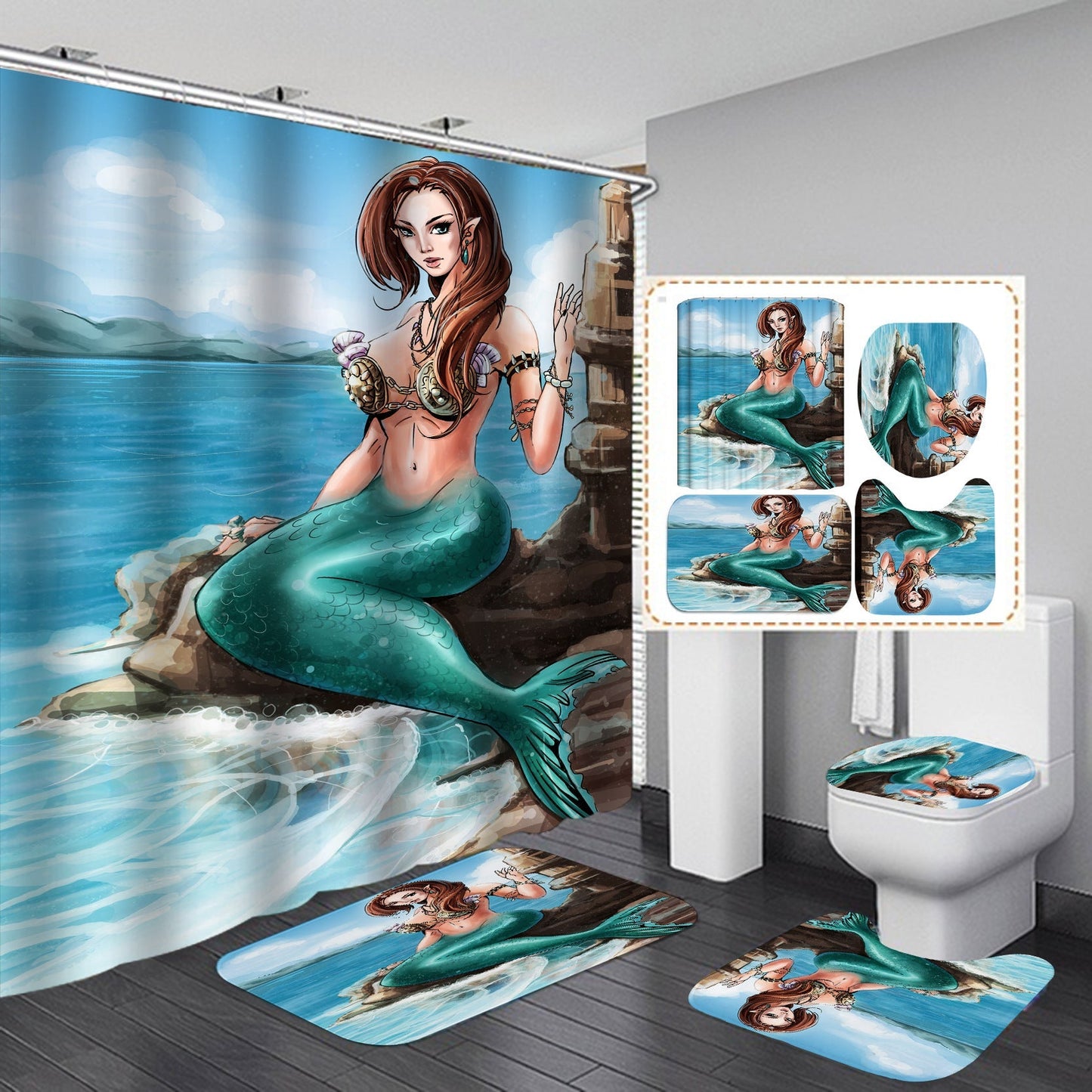 Cartoon Mermaid Design Shower Curtain Bathroom SetsNon-Slip Toilet Lid Cover-Shower Curtain-180×180cm Shower Curtain Only-2-Free Shipping Leatheretro