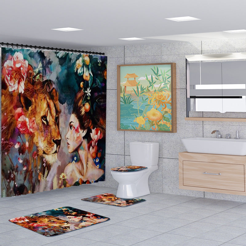 3D Animal and Beauty Shower Curtain Set Bathroom Rug Bath Mat Non-Slip Toilet Lid Cover-Shower Curtains-B-Shower Curtain+3Pcs Mat-Free Shipping Leatheretro