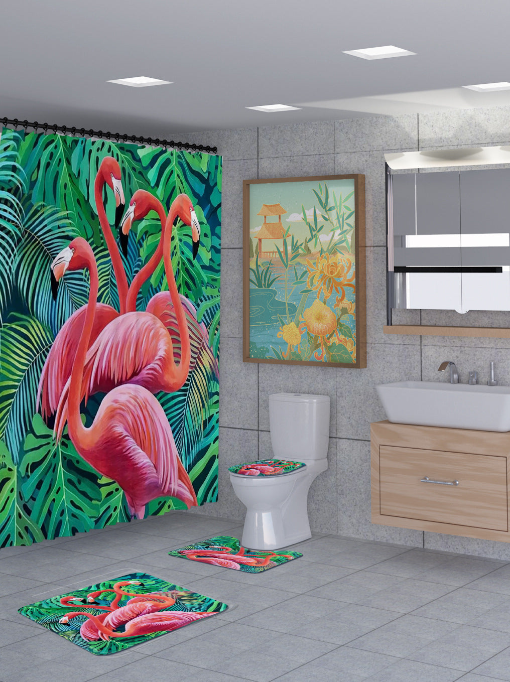 3D Flamingo Shower Curtain Set Bathroom Rug Bath Mat Non-Slip Toilet Lid Cover-Shower Curtains-B-Shower Curtain+3Pcs Mat-Free Shipping Leatheretro