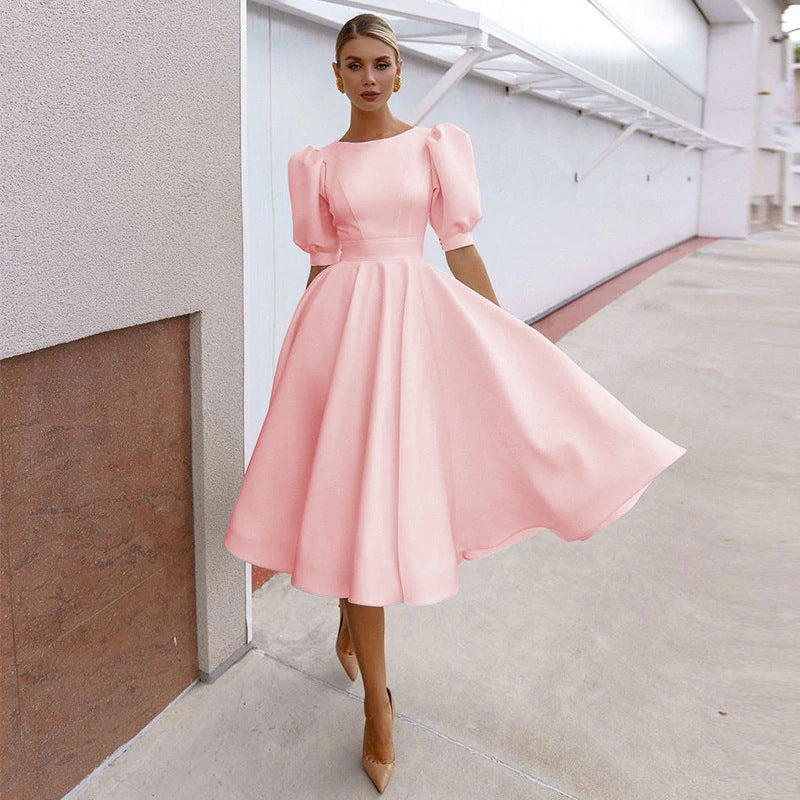 Half Sleeves Sexy Midi Length Dresses-Vintage Dresses-Pink-S-Free Shipping Leatheretro