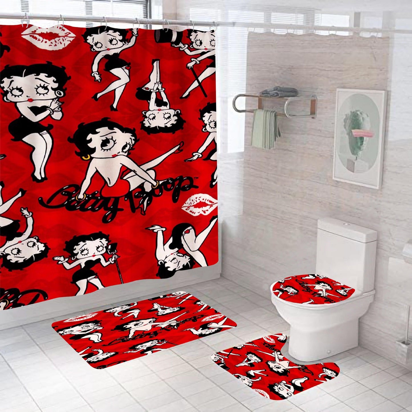 Betty Girl Fabric Shower Curtain Sets-Shower Curtains-Shower Curtain+3Pcs Mat-Style2-Free Shipping Leatheretro