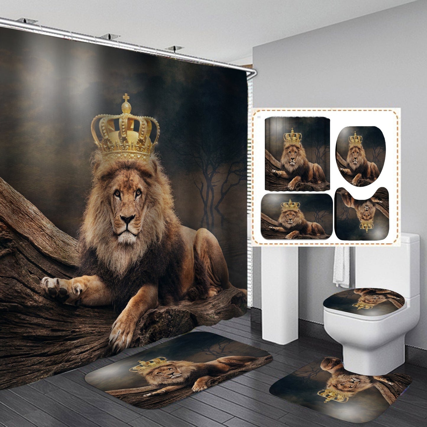3D Lion Design Shower Curtain Bathroom SetsNon-Slip Toilet Lid Cover-Shower Curtain-180×180cm Shower Curtain Only-3-Free Shipping Leatheretro