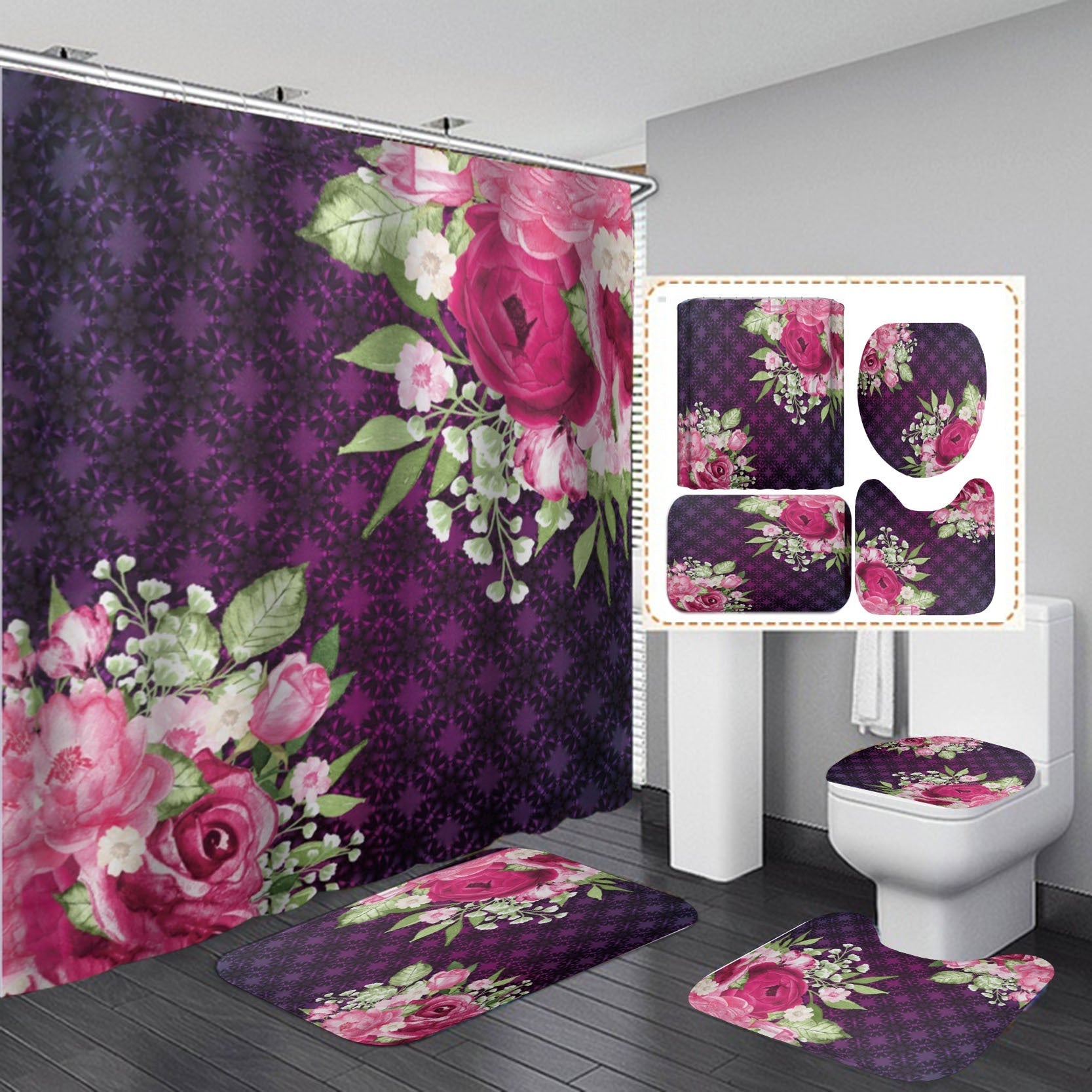3D Flowers Print Shower Curtain Set Bath with Rugs-180×180cm Shower Curtain Only-D-Free Shipping Leatheretro