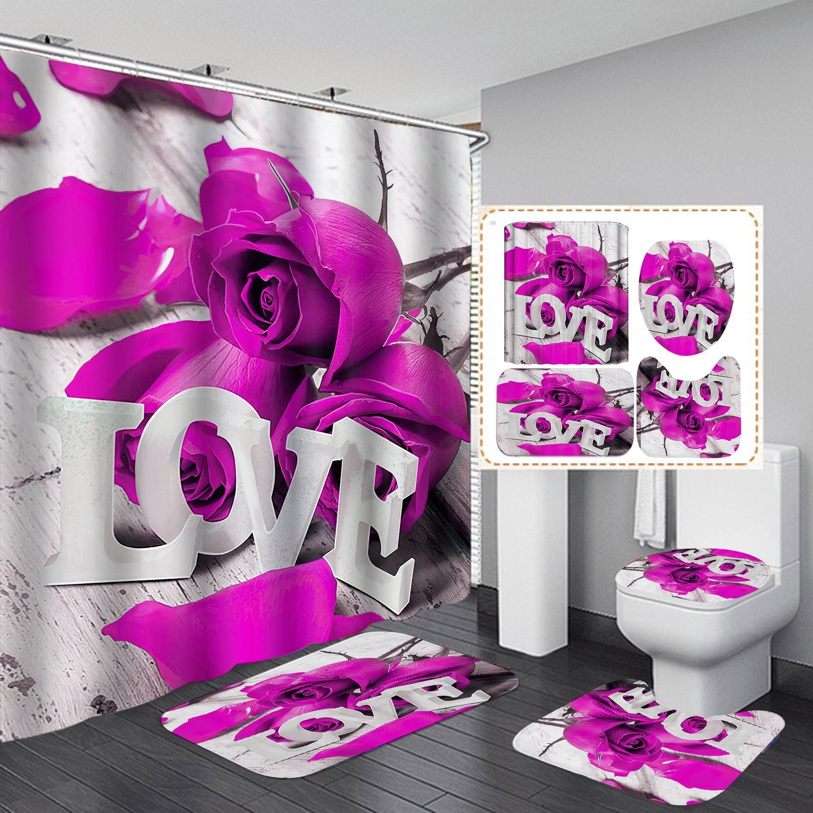 "Love" 3D Rose Design Shower Curtain Bathroom SetsNon-Slip Toilet Lid Cover-Shower Curtain-180×180cm Shower Curtain Only-3-Free Shipping Leatheretro