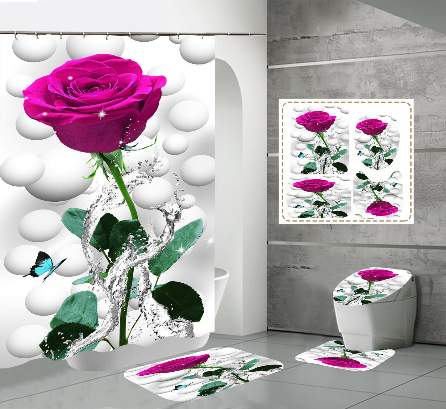 One 3D Flower Shower Curtain Set Bathroom Rug Bath Mat Non-Slip Toilet Lid Cover-Shower Curtains-C-Shower Curtain+3Pcs Mat-Free Shipping Leatheretro