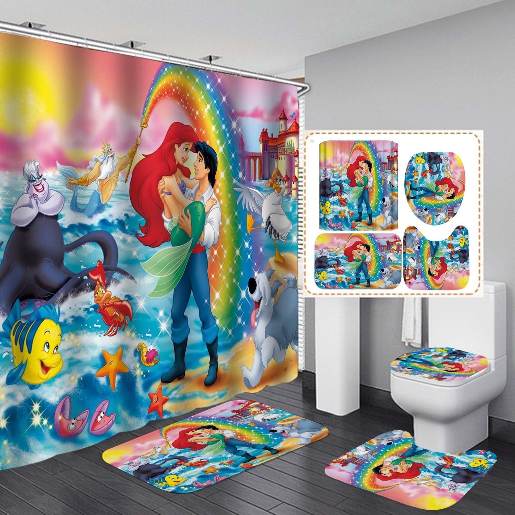 Cartoon Mermaid Design Shower Curtain Bathroom SetsNon-Slip Toilet Lid Cover-Shower Curtain-180×180cm Shower Curtain Only-3-Free Shipping Leatheretro