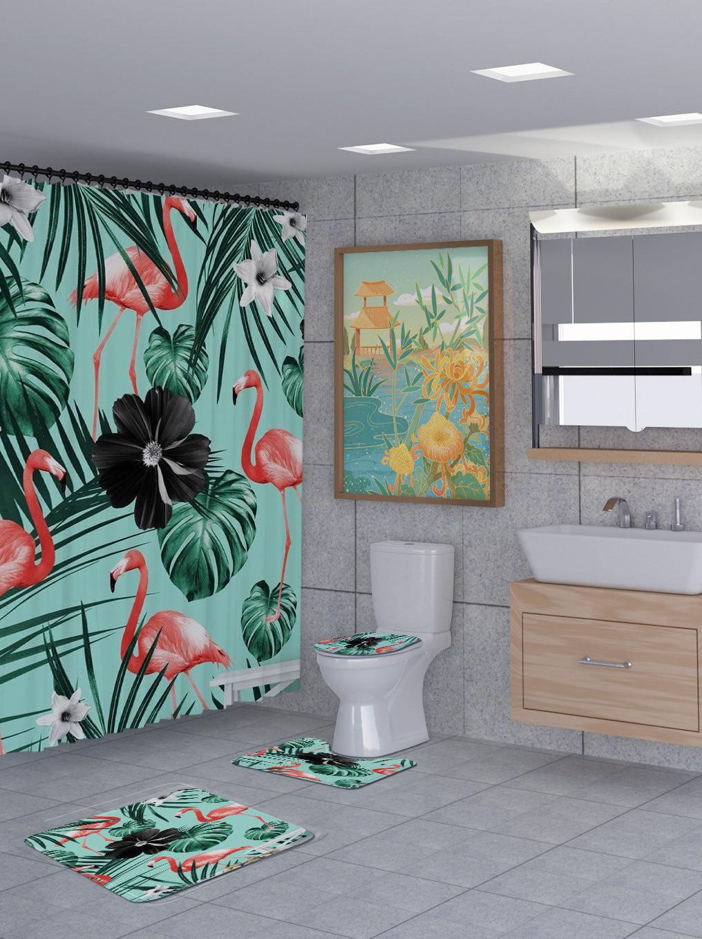 3D Flamingo Shower Curtain Set Bathroom Rug Bath Mat Non-Slip Toilet Lid Cover-Shower Curtains-C-Shower Curtain+3Pcs Mat-Free Shipping Leatheretro
