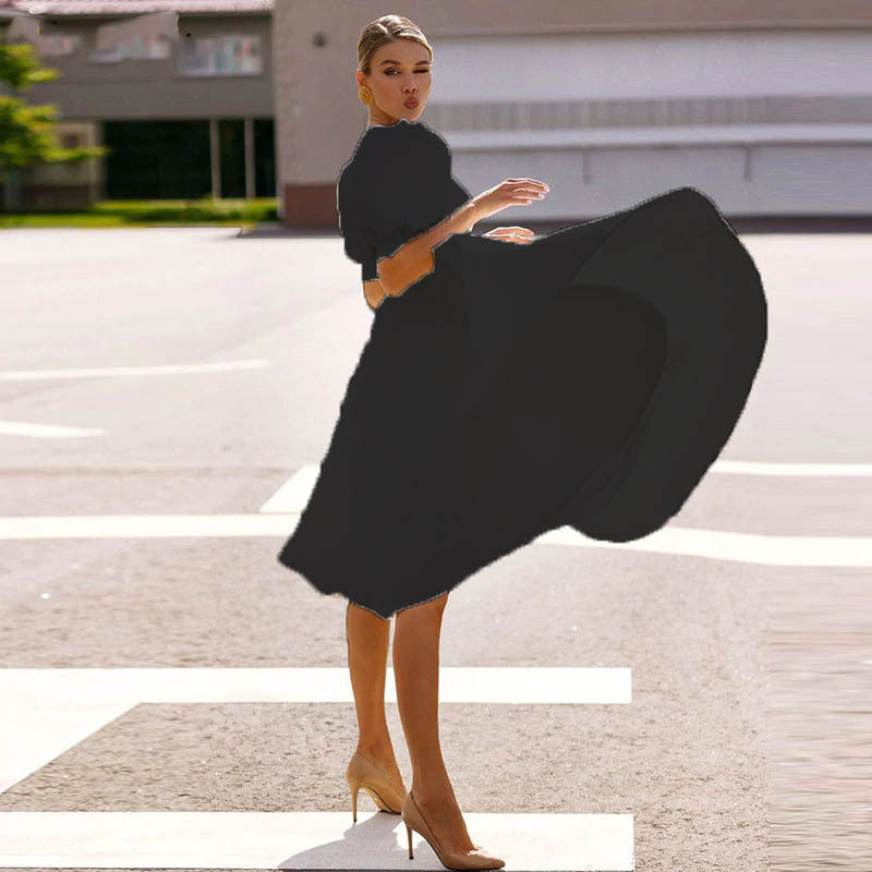 Half Sleeves Sexy Midi Length Dresses-Vintage Dresses-Black-S-Free Shipping Leatheretro