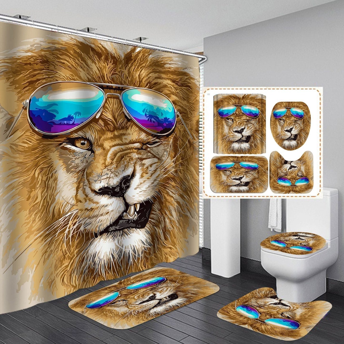 3D Lion Design Shower Curtain Bathroom SetsNon-Slip Toilet Lid Cover-Shower Curtain-180×180cm Shower Curtain Only-4-Free Shipping Leatheretro