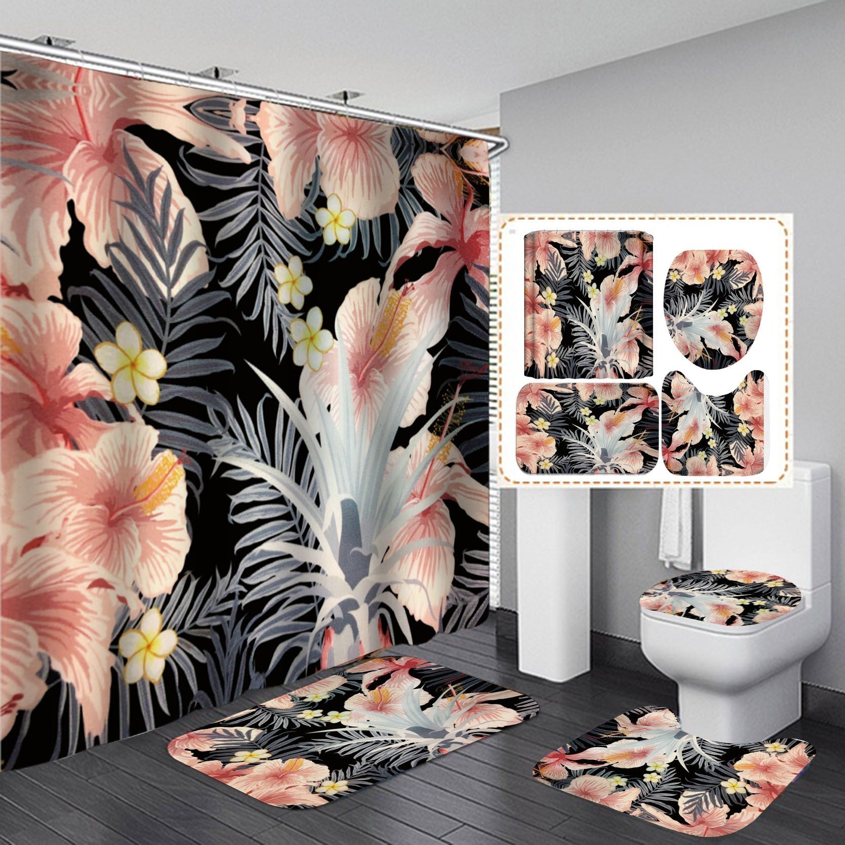 3D Flowers Print Shower Curtain Set Bath with Rugs-180×180cm Shower Curtain Only-C-Free Shipping Leatheretro