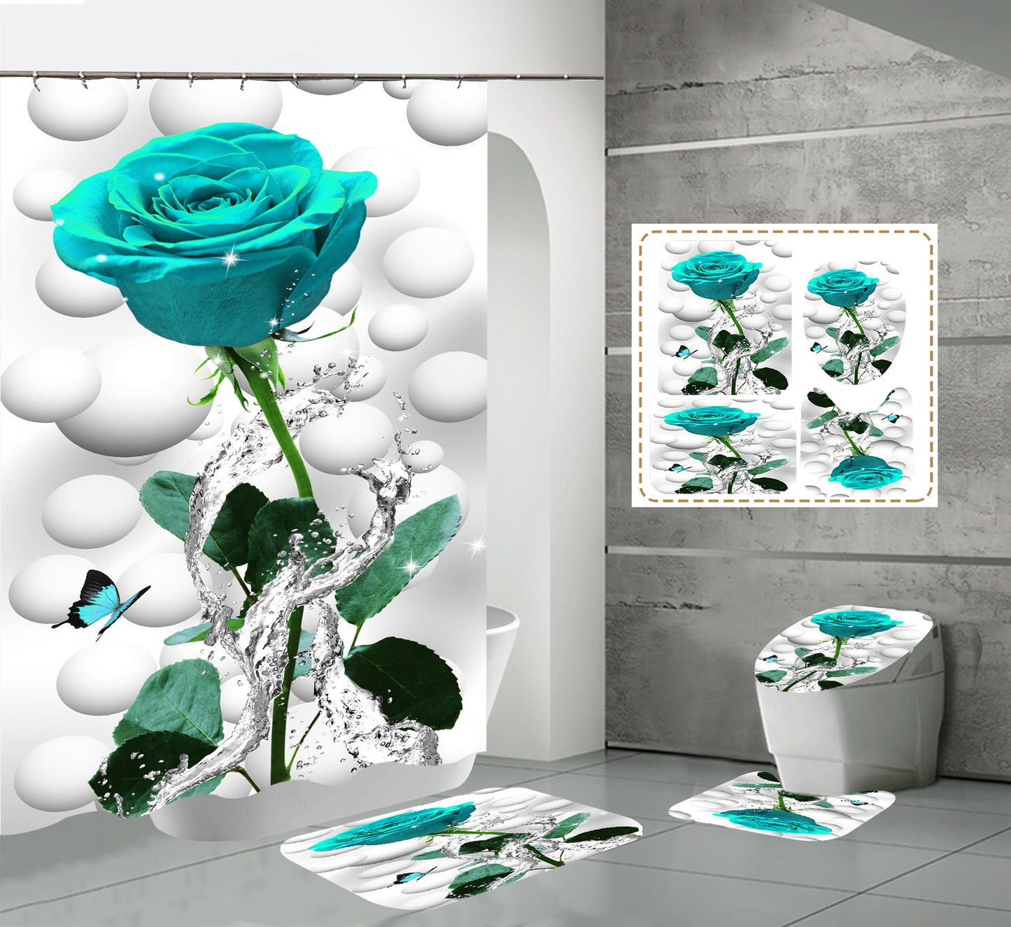 One 3D Flower Shower Curtain Set Bathroom Rug Bath Mat Non-Slip Toilet Lid Cover-Shower Curtains-D-Shower Curtain+3Pcs Mat-Free Shipping Leatheretro