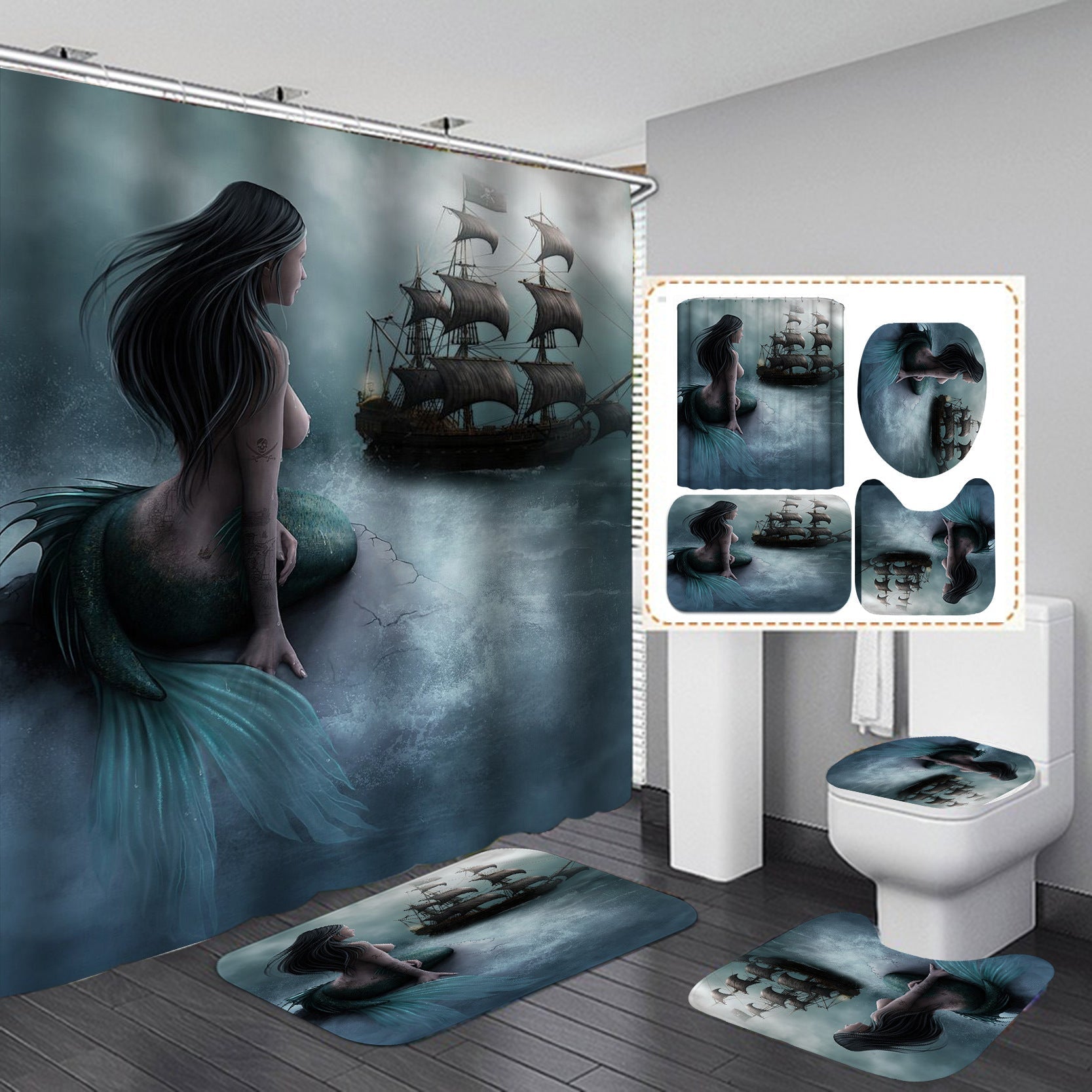 Cartoon Mermaid Design Shower Curtain Bathroom SetsNon-Slip Toilet Lid Cover-Shower Curtain-180×180cm Shower Curtain Only-4-Free Shipping Leatheretro