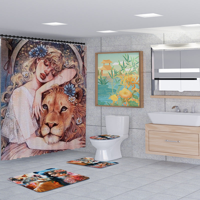 3D Animal and Beauty Shower Curtain Set Bathroom Rug Bath Mat Non-Slip Toilet Lid Cover-Shower Curtains-D-Shower Curtain+3Pcs Mat-Free Shipping Leatheretro