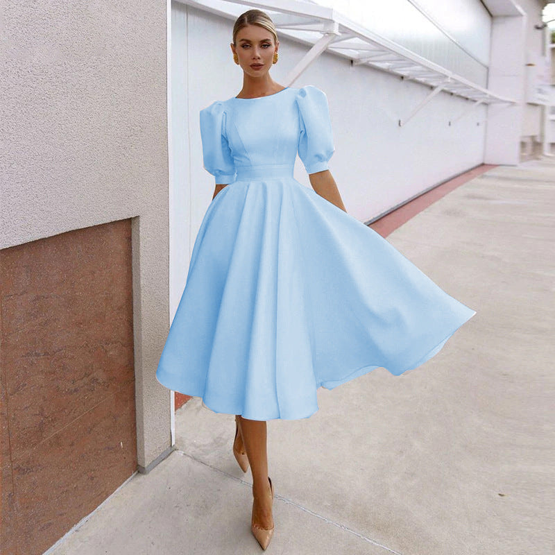 Half Sleeves Sexy Midi Length Dresses-Vintage Dresses-Blue-S-Free Shipping Leatheretro