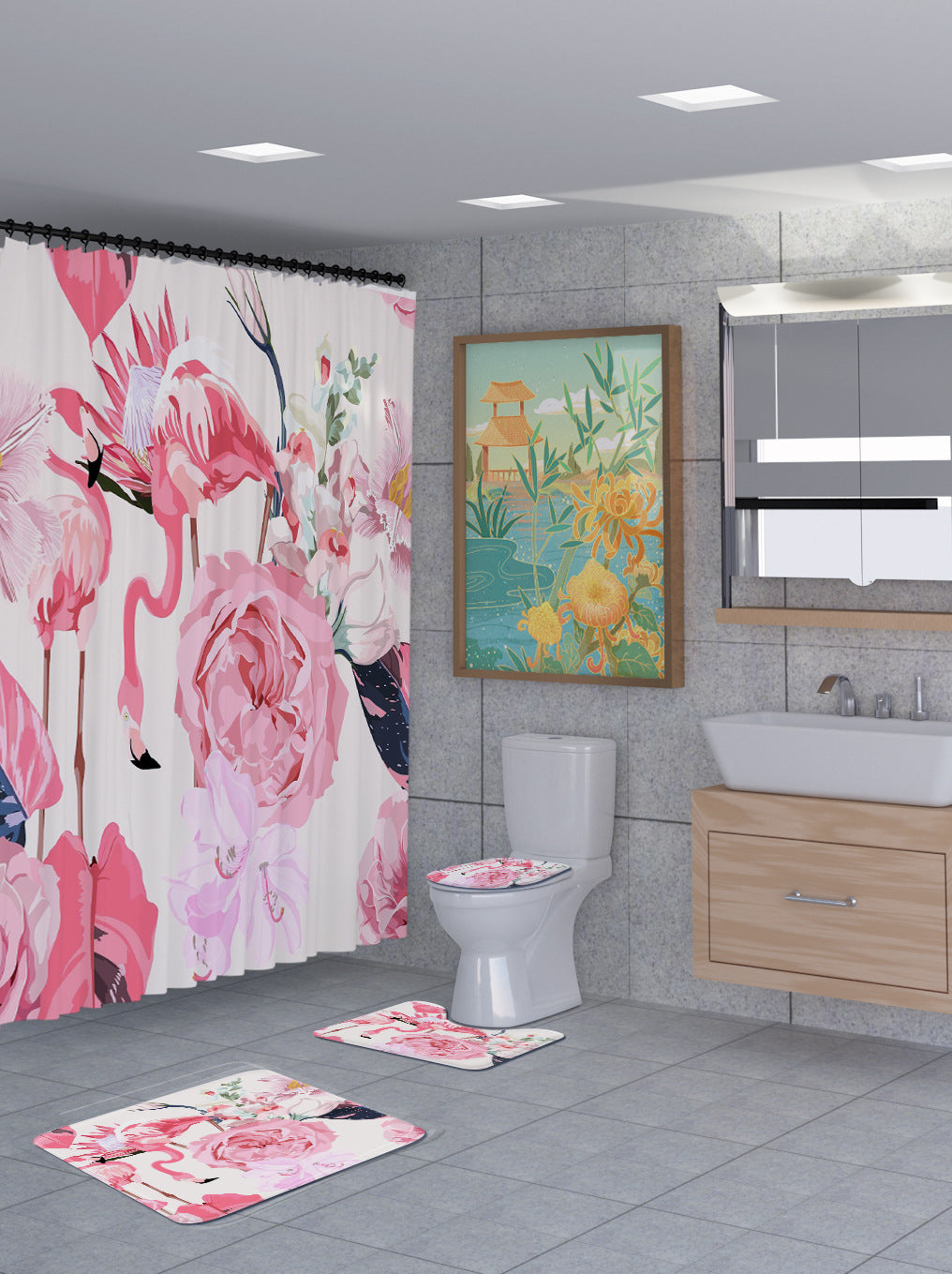 3D Flamingo Shower Curtain Set Bathroom Rug Bath Mat Non-Slip Toilet Lid Cover-Shower Curtains-D-Shower Curtain+3Pcs Mat-Free Shipping Leatheretro