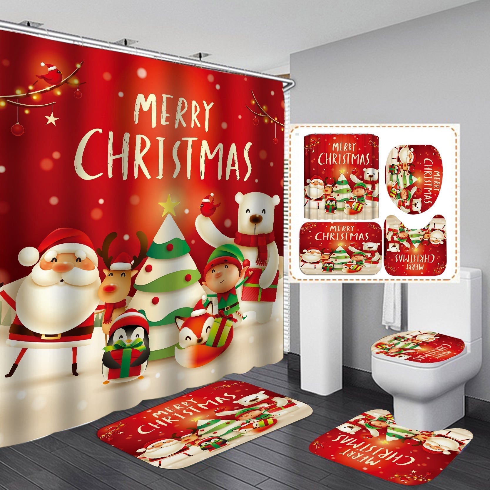 Happy Merry Christmas Shower Curtain Bathroom Sets Non-Slip Toilet Lid Cover-Shower Curtain-180×180cm Shower Curtain Only-4-Free Shipping Leatheretro