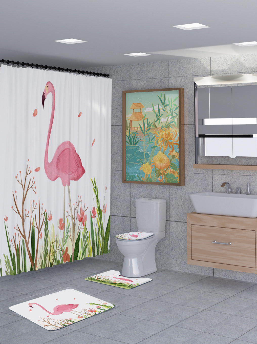 3D Flamingo Shower Curtain Set Bathroom Rug Bath Mat Non-Slip Toilet Lid Cover-Shower Curtains-E-Shower Curtain+3Pcs Mat-Free Shipping Leatheretro