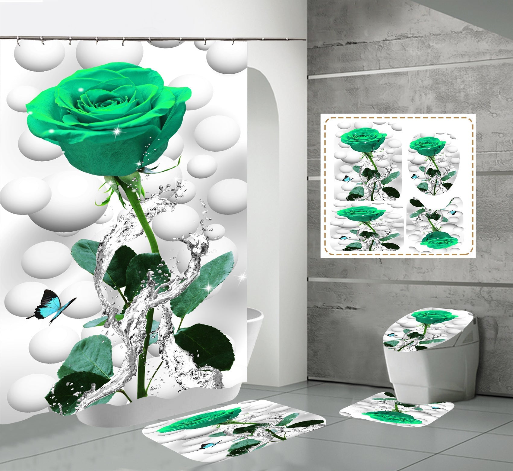 One 3D Flower Shower Curtain Set Bathroom Rug Bath Mat Non-Slip Toilet Lid Cover-Shower Curtains-E-Shower Curtain+3Pcs Mat-Free Shipping Leatheretro