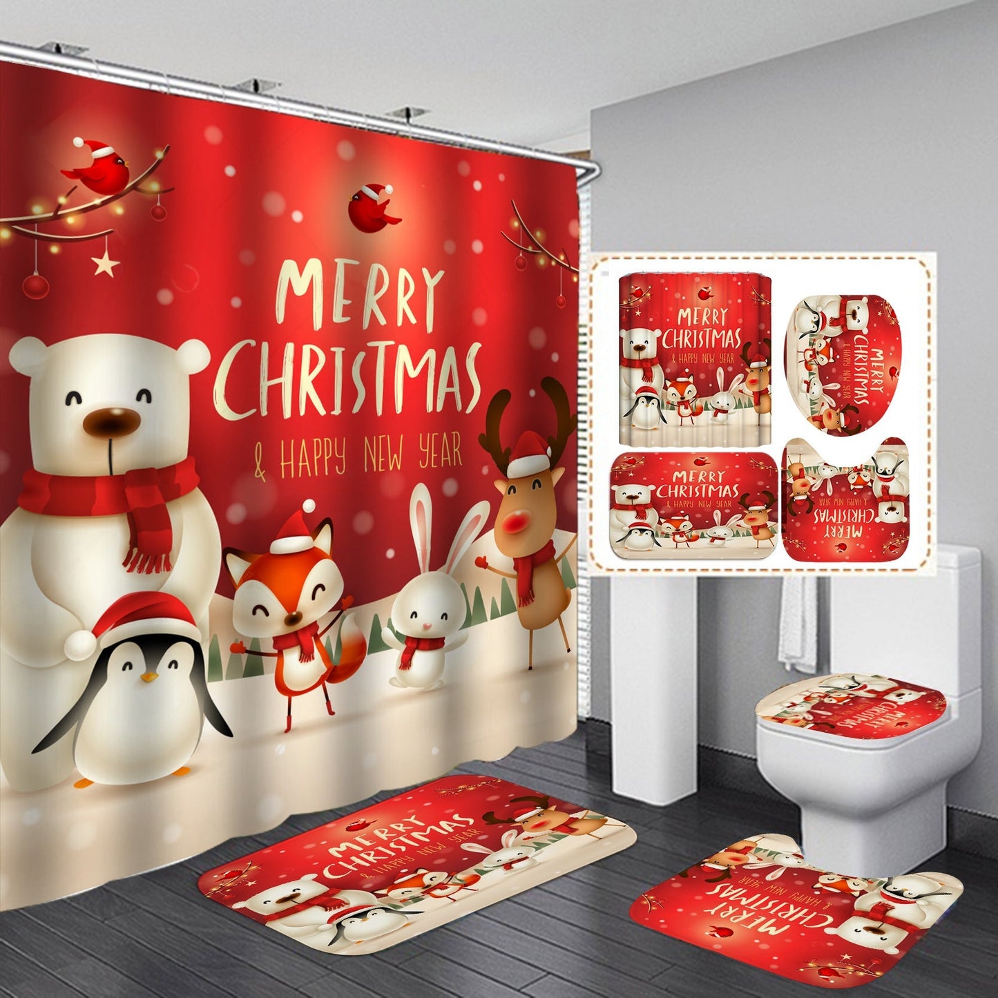 Happy Merry Christmas Shower Curtain Bathroom Sets Non-Slip Toilet Lid Cover-Shower Curtain-180×180cm Shower Curtain Only-5-Free Shipping Leatheretro