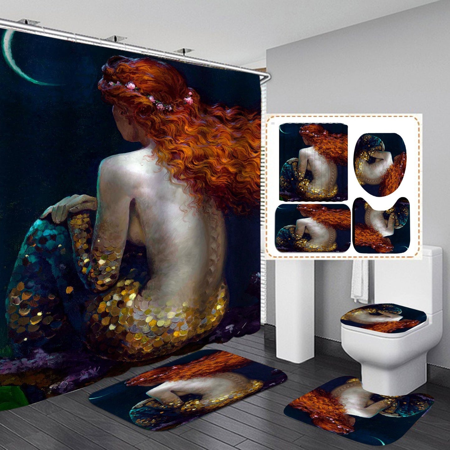Cartoon Mermaid Design Shower Curtain Bathroom SetsNon-Slip Toilet Lid Cover-Shower Curtain-180×180cm Shower Curtain Only-6-Free Shipping Leatheretro