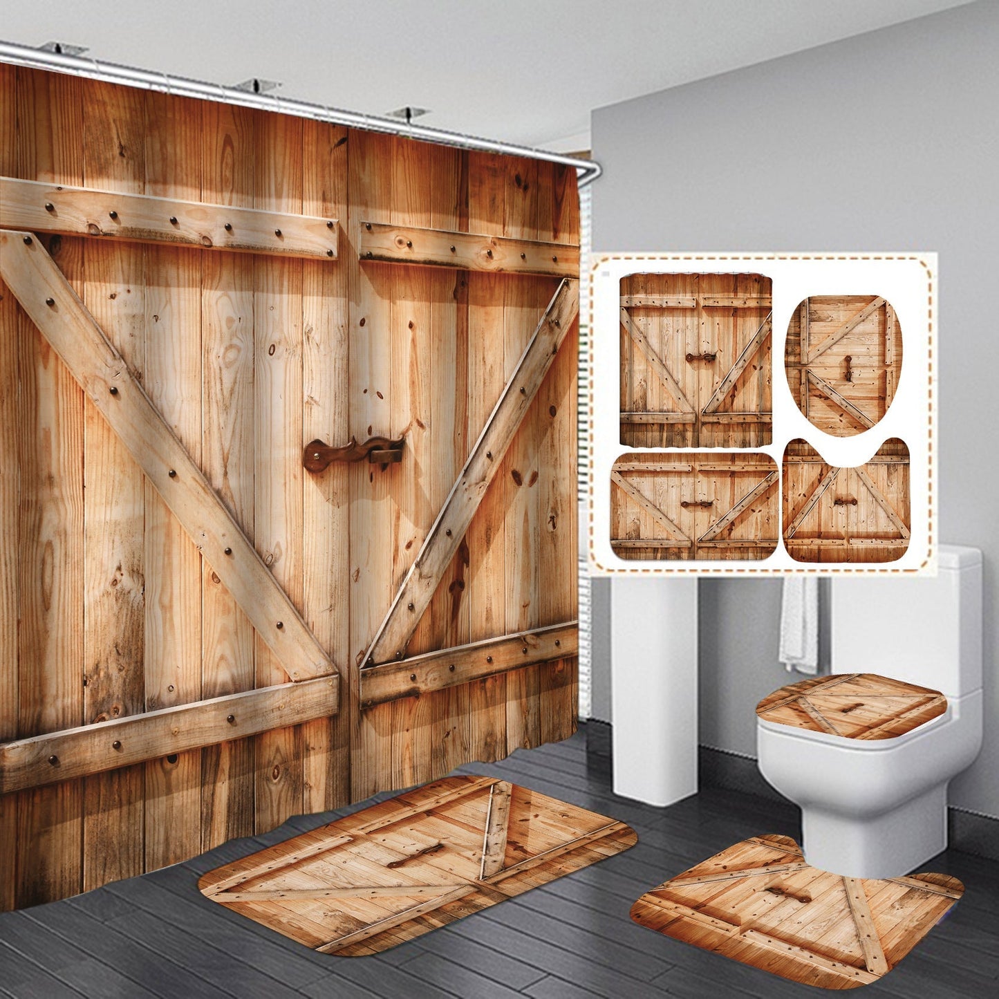 Vintage Wooden Door Design Shower Curtain Bathroom SetsNon-Slip Toilet Lid Cover-Shower Curtain-180×180cm Shower Curtain Only-7-Free Shipping Leatheretro